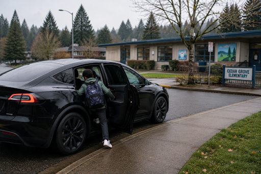 A student boarding a Wayven vehicle outside their school