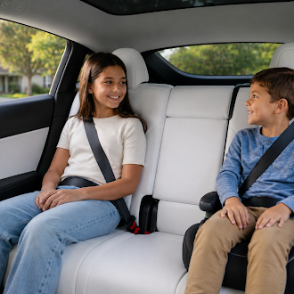 Two students buckled up and smiling in the back seat of a Wayven vehicle